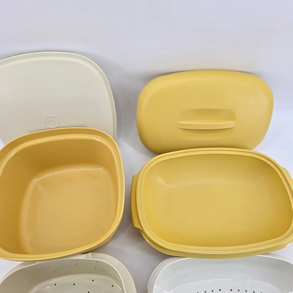 Tupperware Steamer Multi Server Set Vintage Harvest Gold Almond 2pc Set